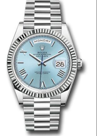 Replica Rolex Platinum Day-Date 40 Watch 228236 Fluted Bezel Ice Blue Roman Dial President Bracelet